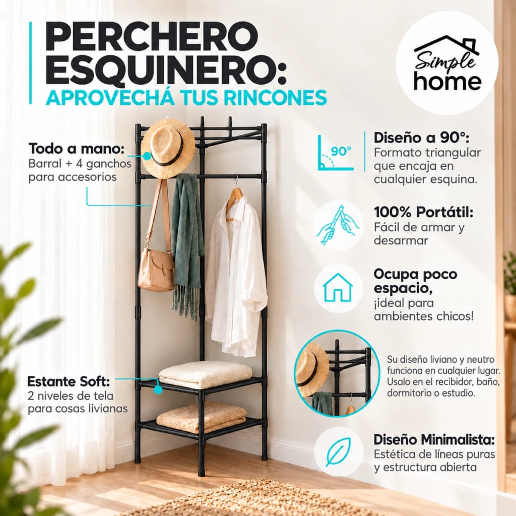 Perchero Esquinero De Pie 90° Liviano Organizador | Simple Home — Negro