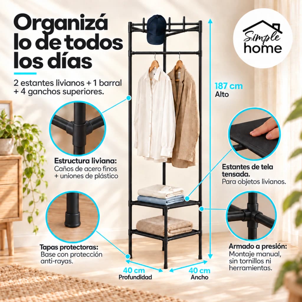 Perchero Esquinero De Pie 90° Liviano Organizador | Simple Home — Negro