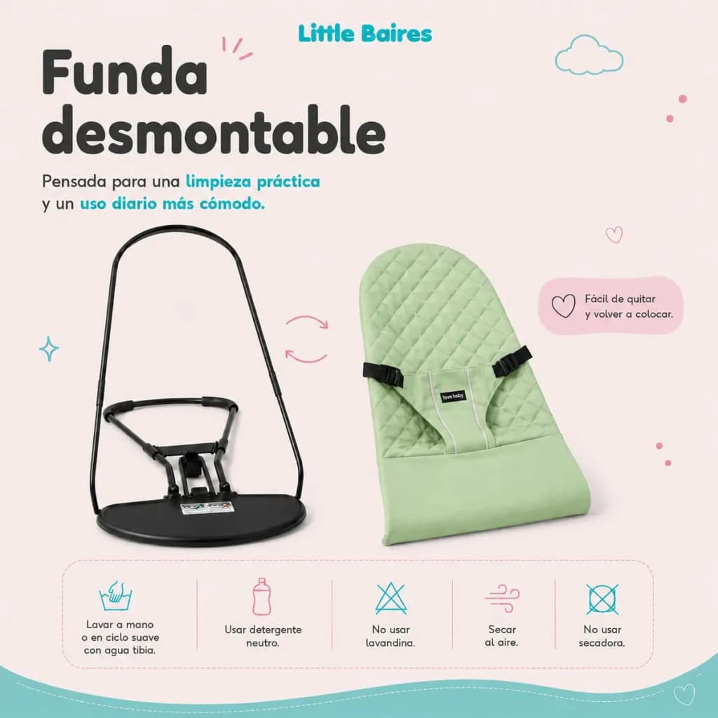 Mecedora Reclinable para Bebé 4 Posiciones con Arco Didáctico — Little Baires — Verde