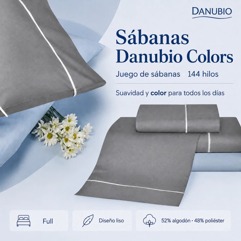 Juego de Sábanas Danubio Colors 2 Plazas 144 Hilos Algodón-Poliéster — Gris