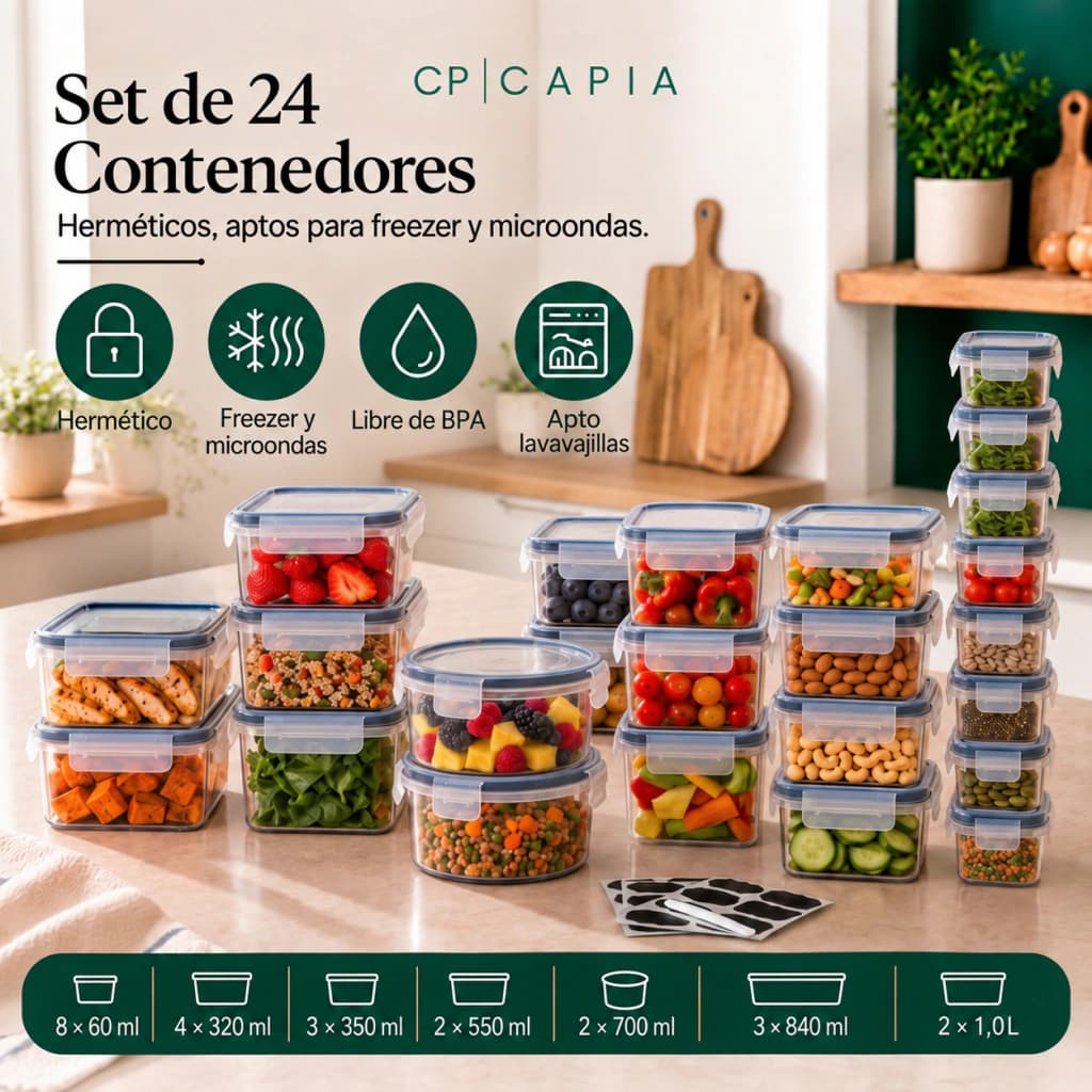 Set x24 Tápers Herméticos Capia BPA Free + Etiquetas y Marcador