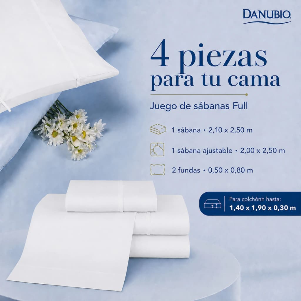 Juego de Sábanas Danubio Colors 2 Plazas 144 Hilos Algodón-Poliéster — Blanco