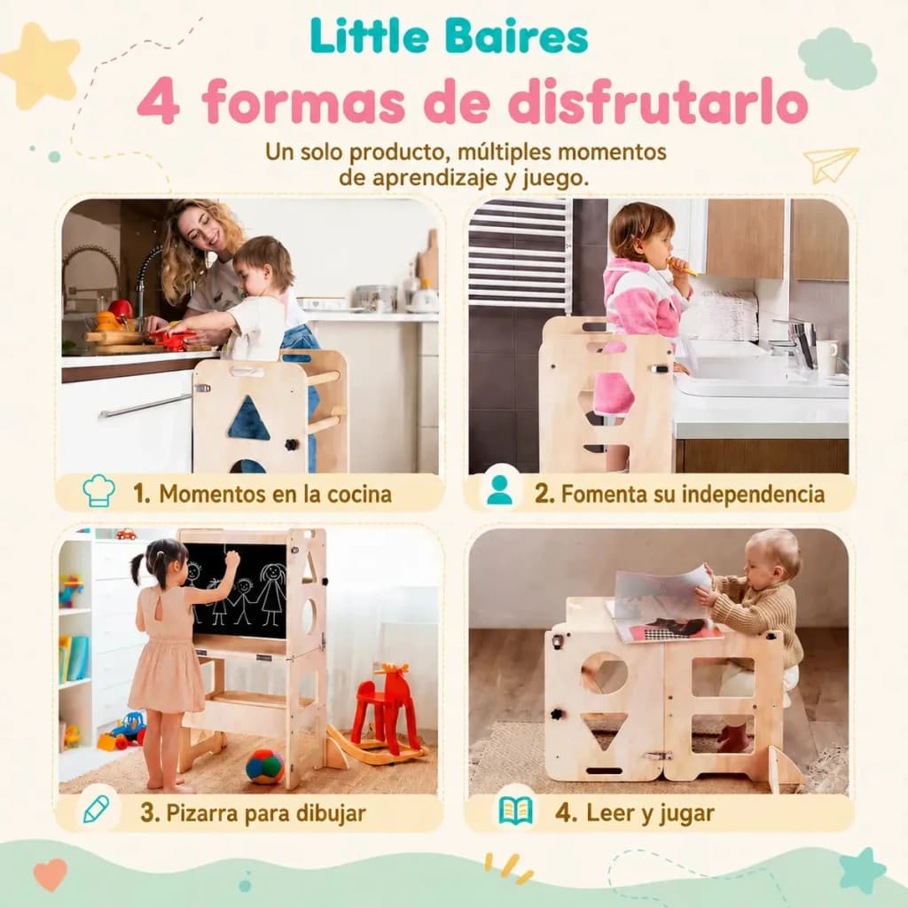 Torre Montessori 3 en 1: Torre, Mesa con Silla y Pizarra – Madera