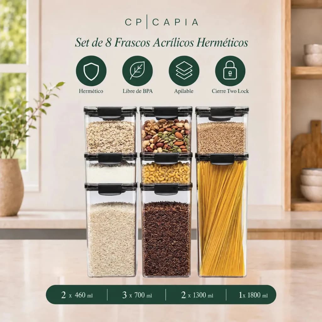Set 8 Frascos Herméticos Apilables Organizadores de Alacena 1.8 L — Negro | Capia