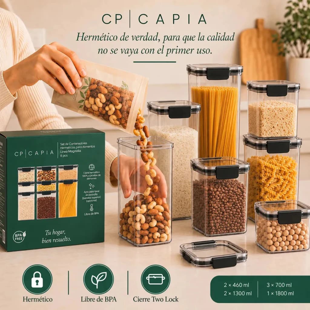 Set 8 Frascos Herméticos Apilables Organizadores de Alacena 1.8 L — Negro | Capia