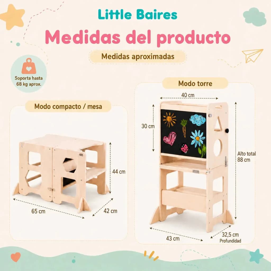 Torre Montessori 3 en 1: Torre, Mesa con Silla y Pizarra – Madera