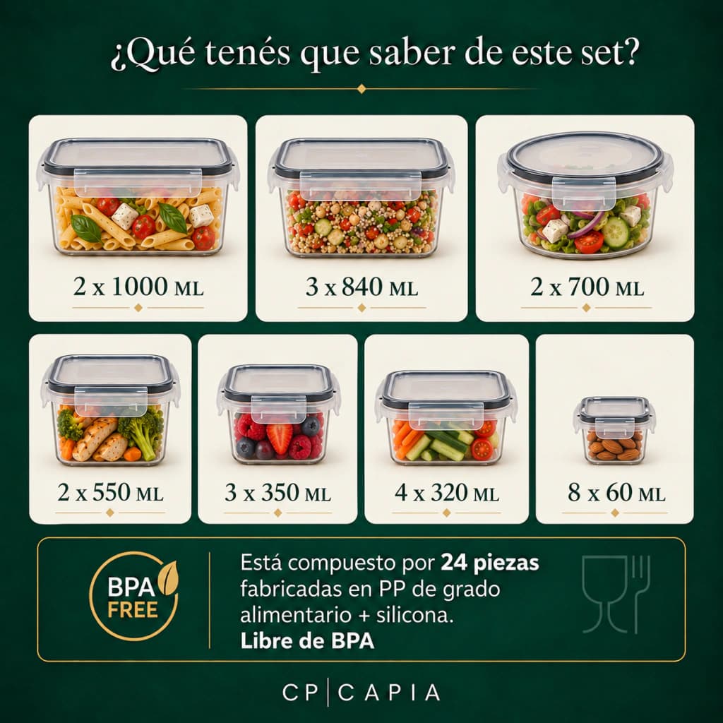 Set x24 Tápers Herméticos Capia BPA Free + Etiquetas y Marcador