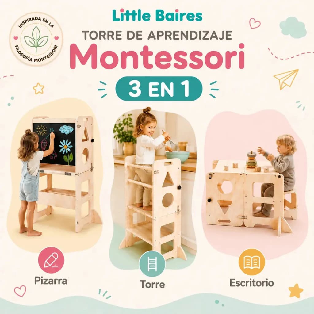 Torre Montessori 3 en 1: Torre, Mesa con Silla y Pizarra – Madera