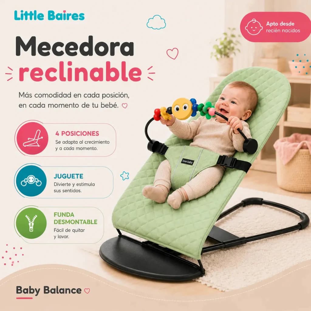 Mecedora Reclinable para Bebé 4 Posiciones con Arco Didáctico — Little Baires — Verde