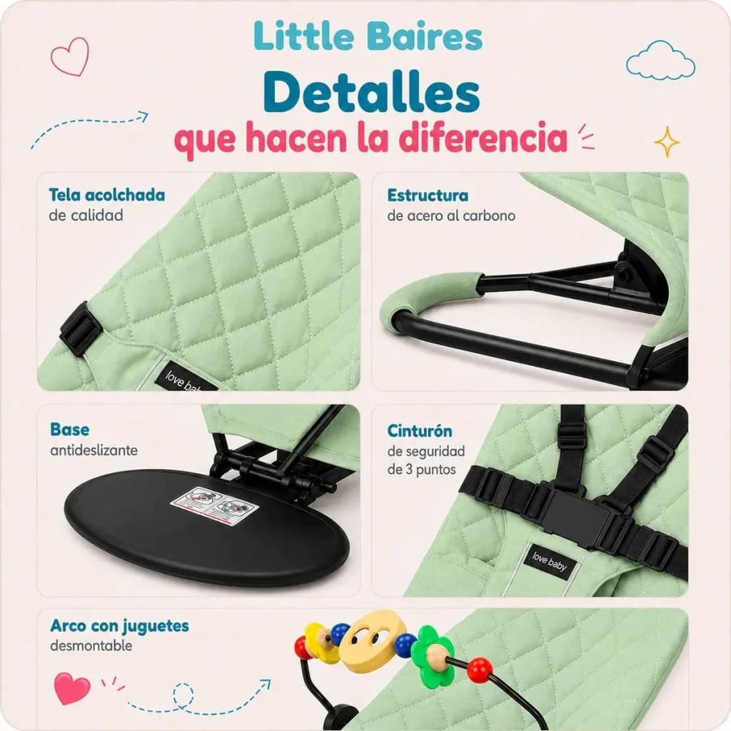 Mecedora Reclinable para Bebé 4 Posiciones con Arco Didáctico — Little Baires — Verde