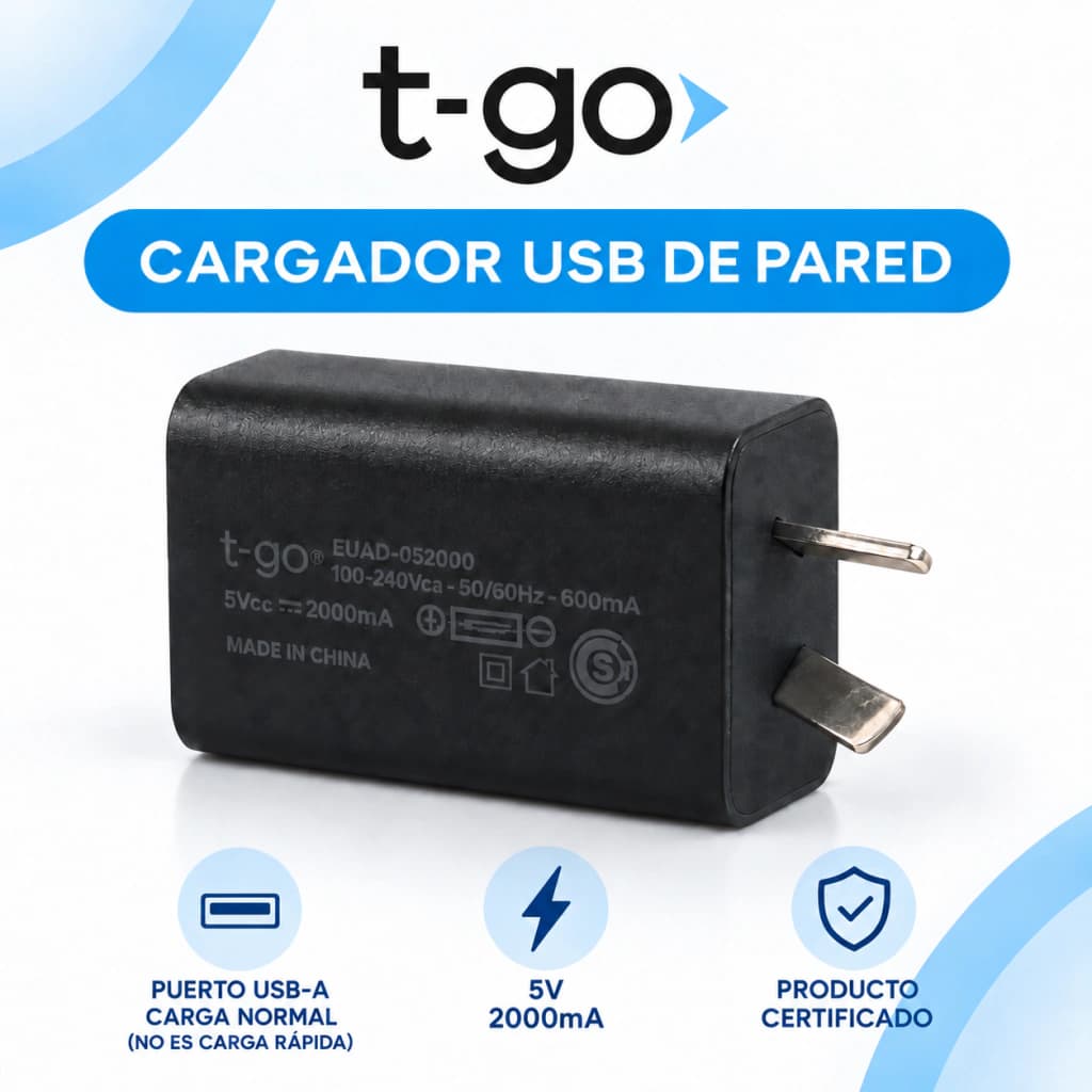 Cargador de Pared USB 5V 2A T-GO EUAD-052000 — Universal 100-240V