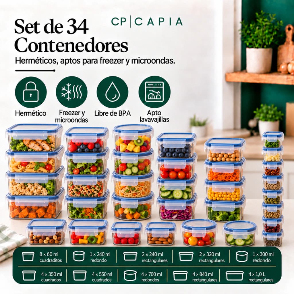 Set x34 Contenedores Herméticos Capia Línea Orquídea BPA Free