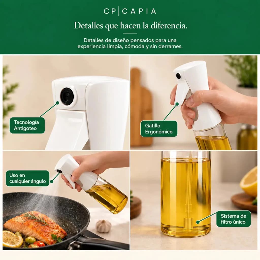 Aceitera Spray Rociador de Aceite de Vidrio 220 ml — Cocina más sano | Capia