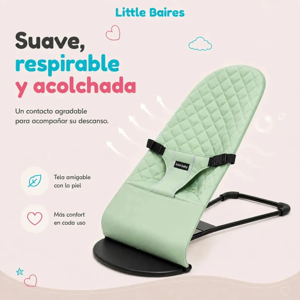 Mecedora Reclinable para Bebé 4 Posiciones con Arco Didáctico — Little Baires — Verde