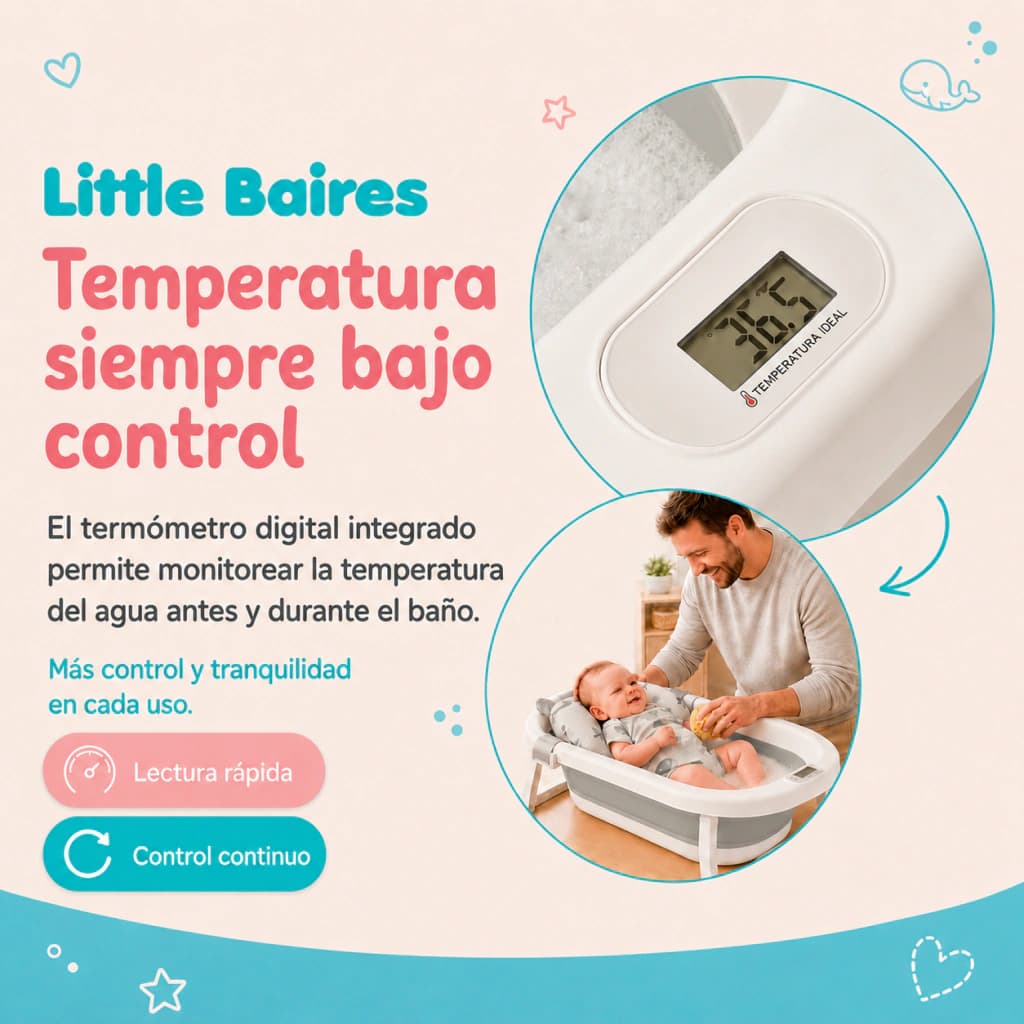 Bañera Plegable Bebé con Termómetro Digital y Almohadón — Rosa