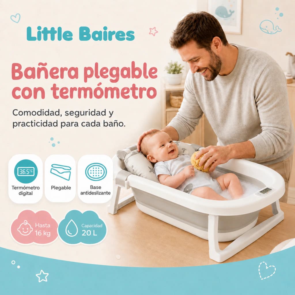 Bañera Plegable Bebé con Termómetro Digital y Almohadón — Rosa