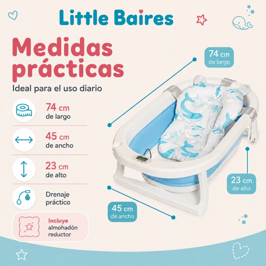 Bañera Plegable Bebé con Termómetro Digital y Almohadón — Celeste