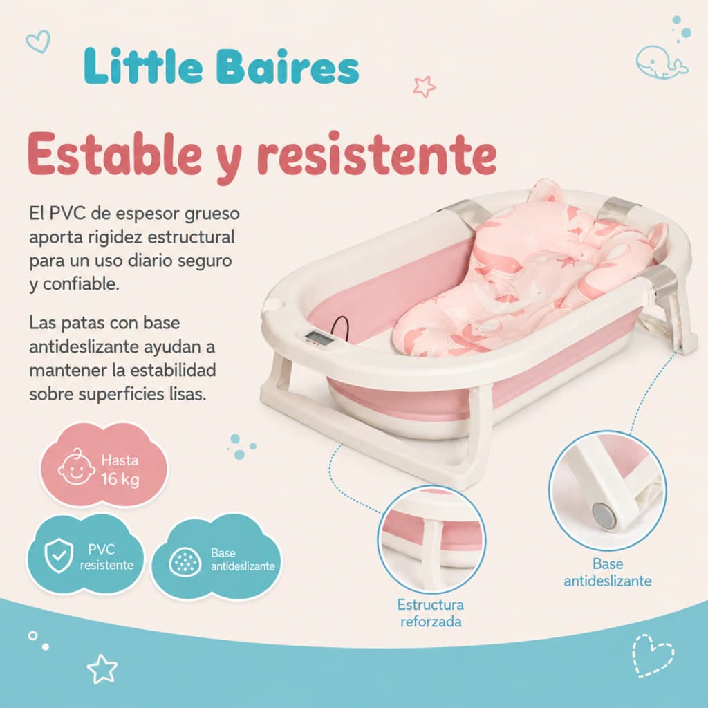Bañera Plegable Bebé con Termómetro Digital y Almohadón — Rosa