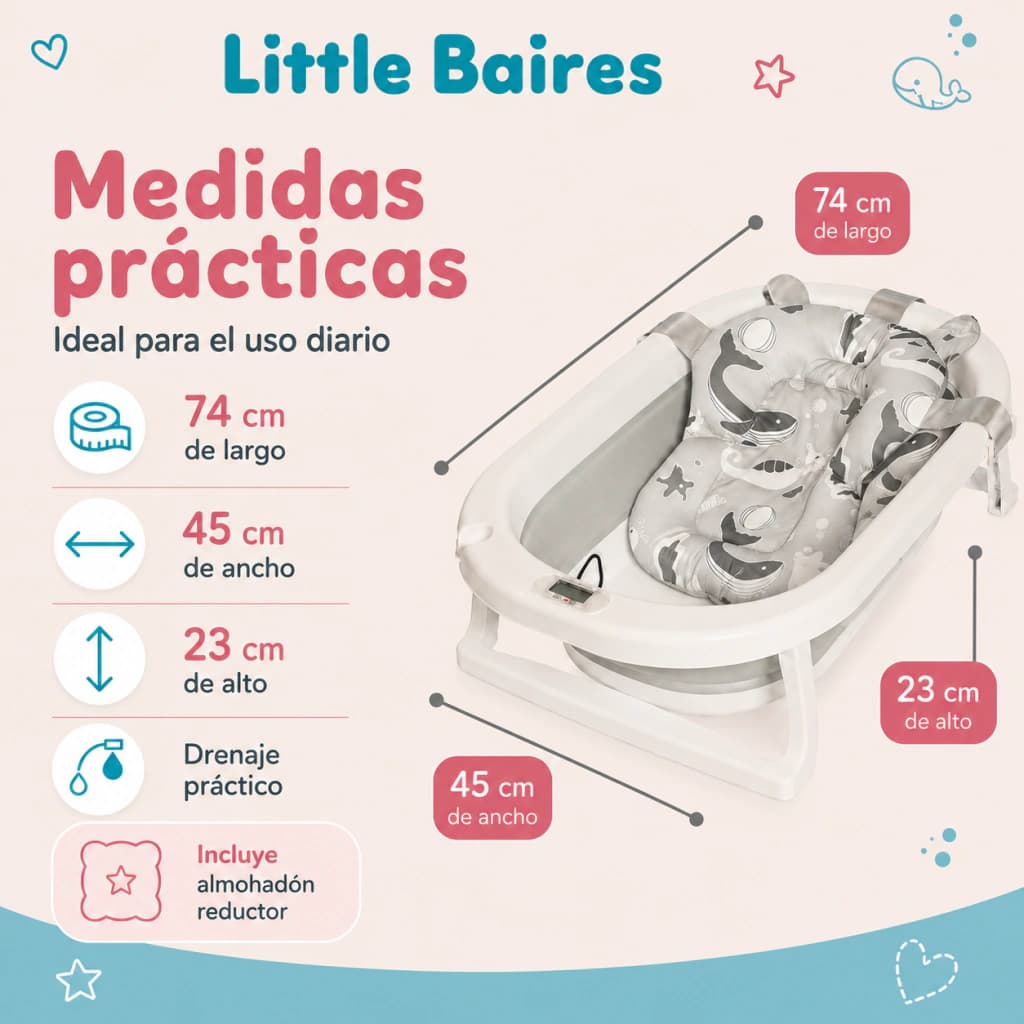 Bañera Plegable Bebé con Termómetro Digital y Almohadón — Rosa