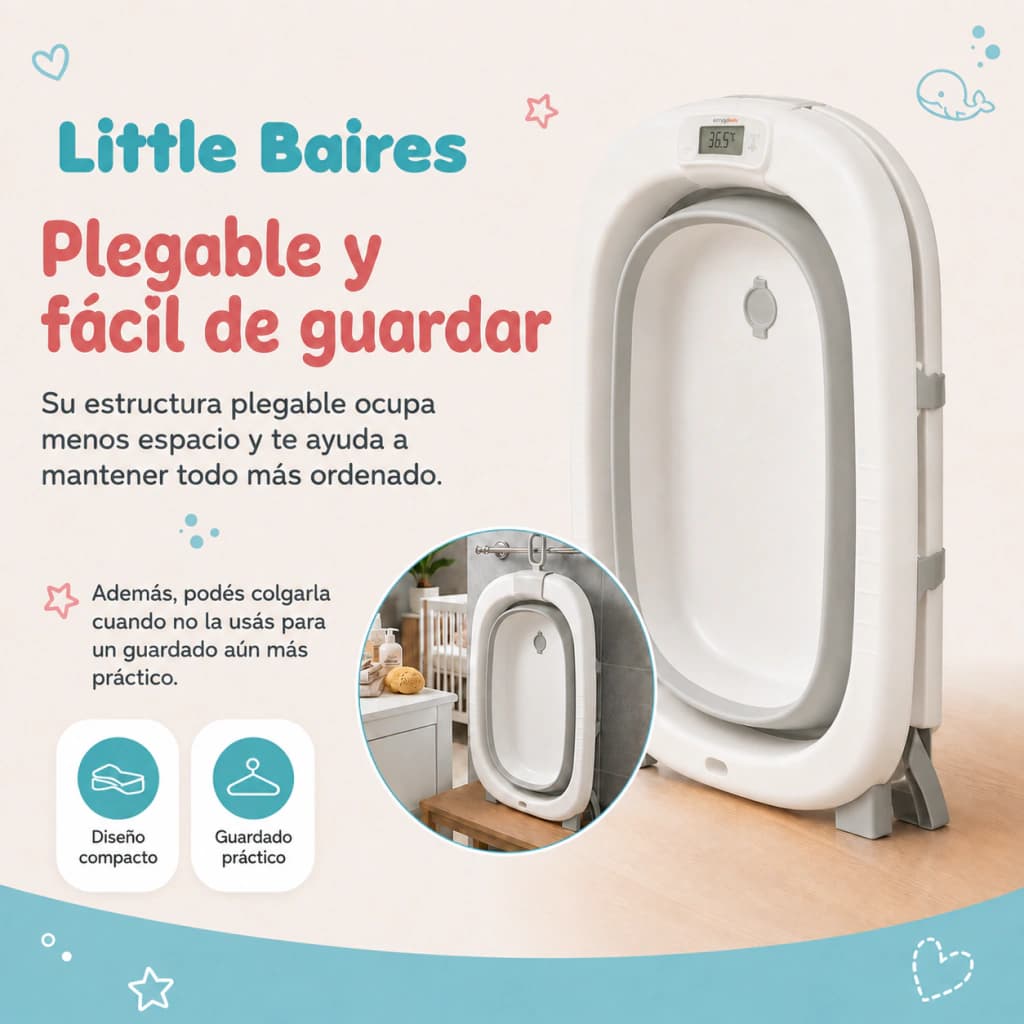 Bañera Plegable Bebé con Termómetro Digital y Almohadón — Rosa