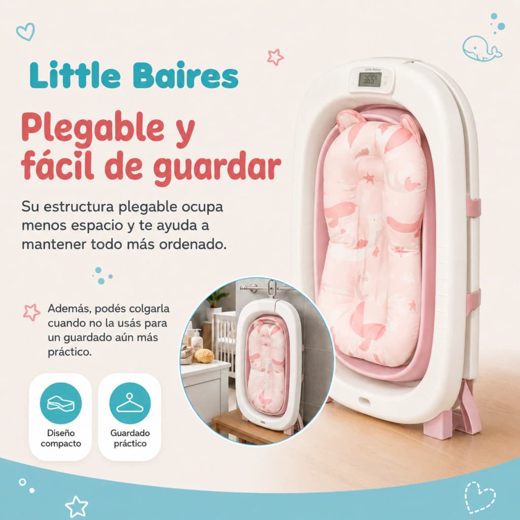 Bañera Plegable Bebé con Termómetro Digital y Almohadón — Rosa