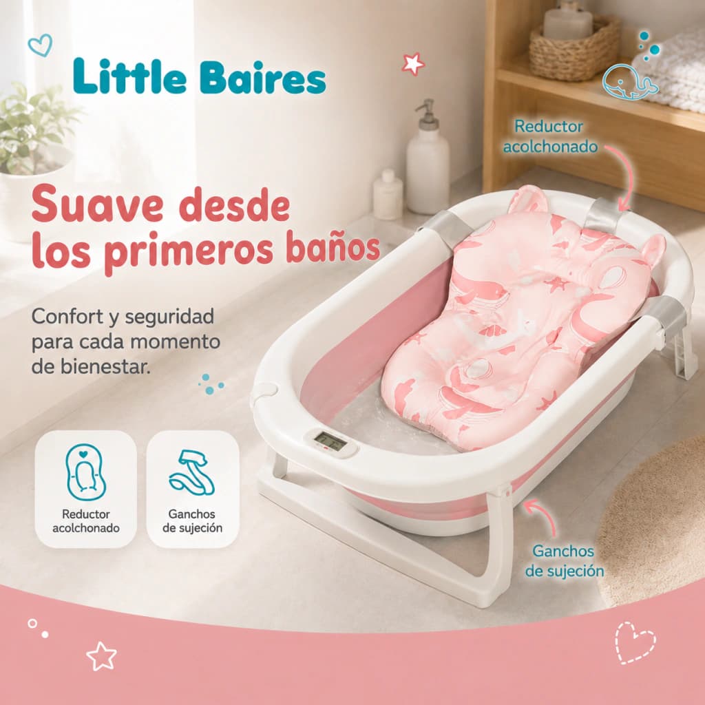 Bañera Plegable Bebé con Termómetro Digital y Almohadón — Rosa