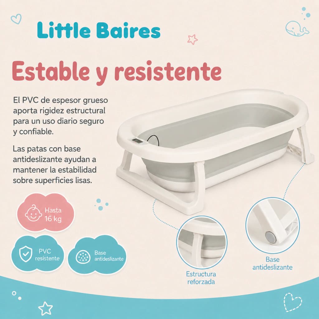 Bañera Plegable Bebé con Termómetro Digital y Almohadón — Rosa