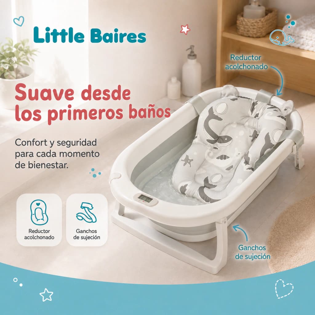 Bañera Plegable Bebé con Termómetro Digital y Almohadón — Gris
