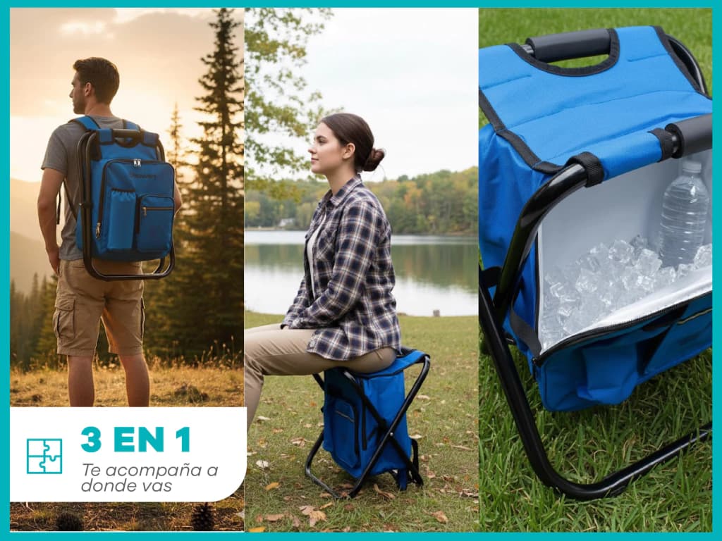 Silla banco Discovery 3 en 1: asiento, mochila y banco.