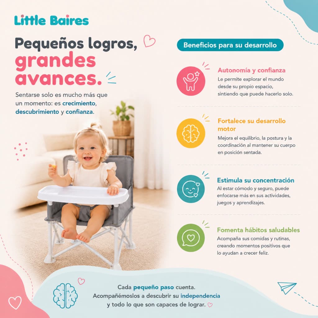 Silla de Comer Plegable Bebé Portátil con Bandeja | Little Baires — Gris