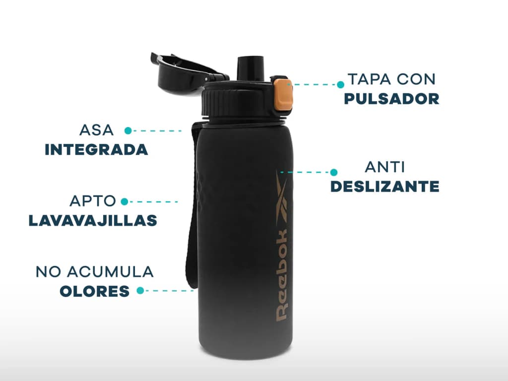 Botella Deportiva Reebok 1 Litro | Apertura Rápida y Medidor — Lima