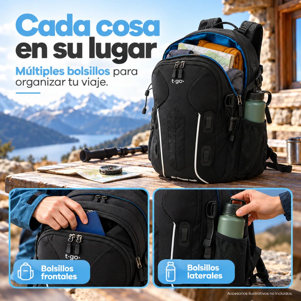 Mochila T-Go 40 L Trekking con Cobertor de Lluvia y Silbato de Emergencia + Parlante Tech de regalo
