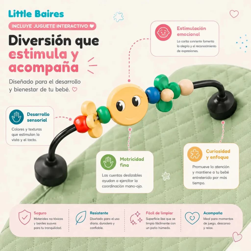 Mecedora Reclinable para Bebé 4 Posiciones con Arco Didáctico — Little Baires — Verde