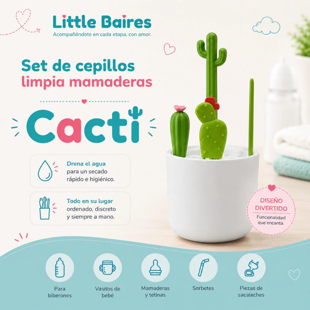 Set Cepillos Limpia Mamaderas Cactus + Organizador | 4 en 1
