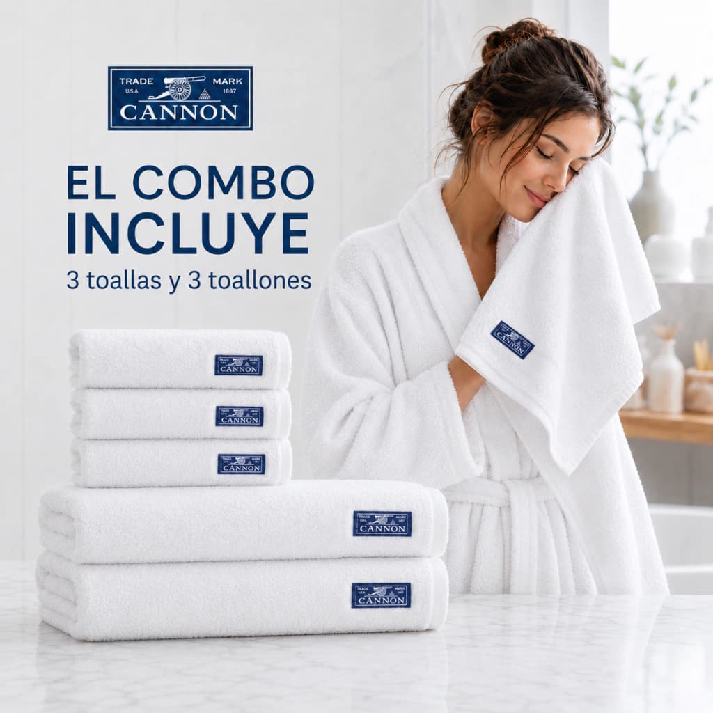 Combo Hotelero Cannon 520g | 3 Toallones + 3 Toallas 100% Algodón — Blanco