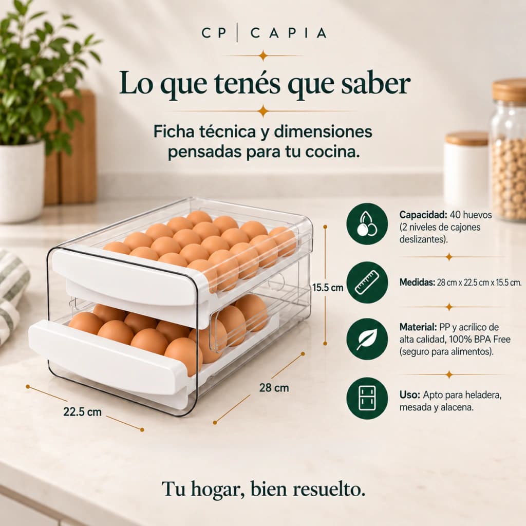 Huevera Organizadora Heladera Doble Cajón Deslizante Capia x40 Huevos