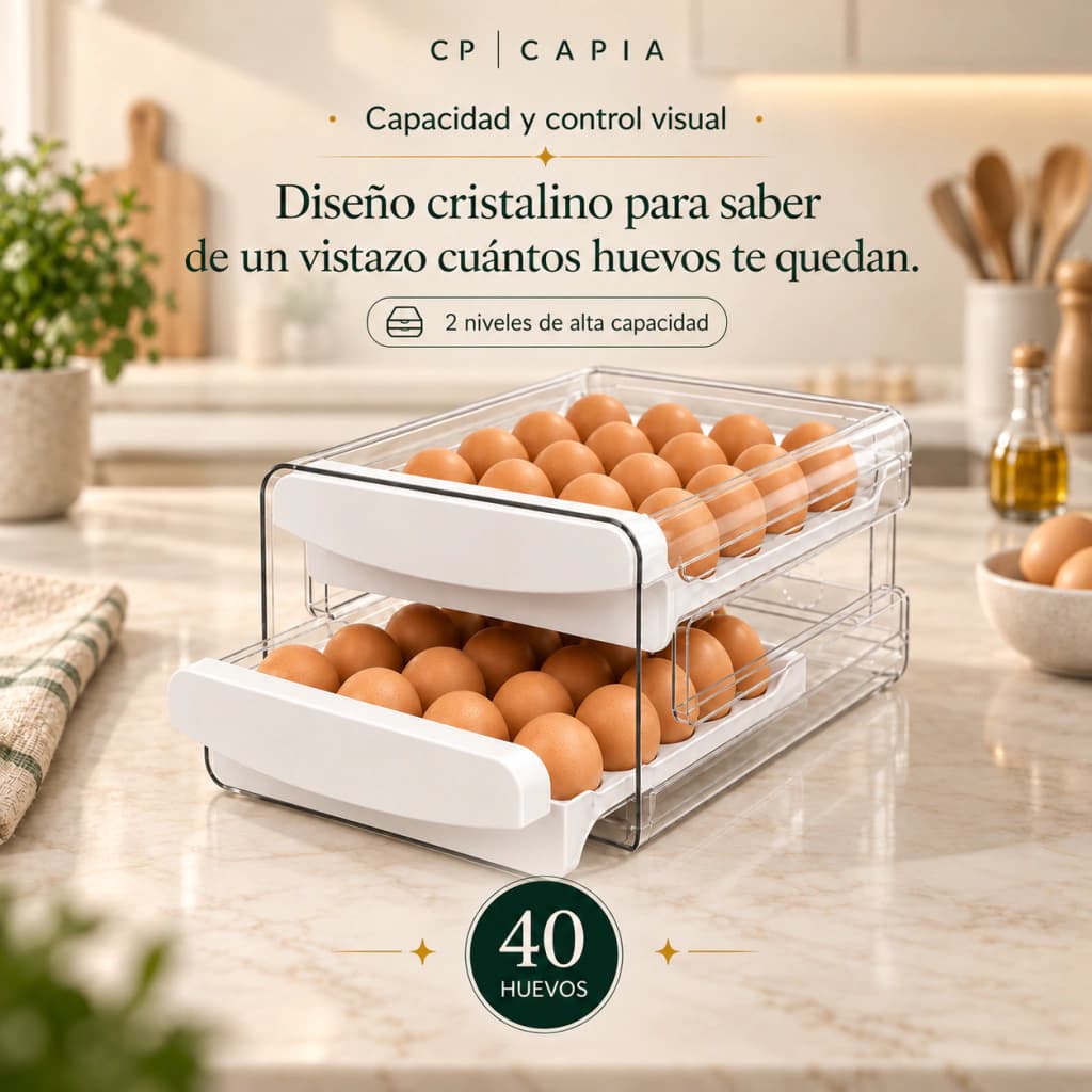 Huevera Organizadora Heladera Doble Cajón Deslizante Capia x40 Huevos