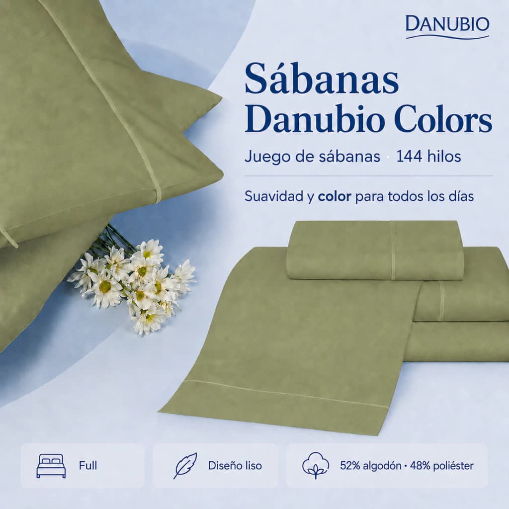 Juego de Sábanas Danubio Colors 2 Plazas 144 Hilos Algodón-Poliéster — Verde Sage