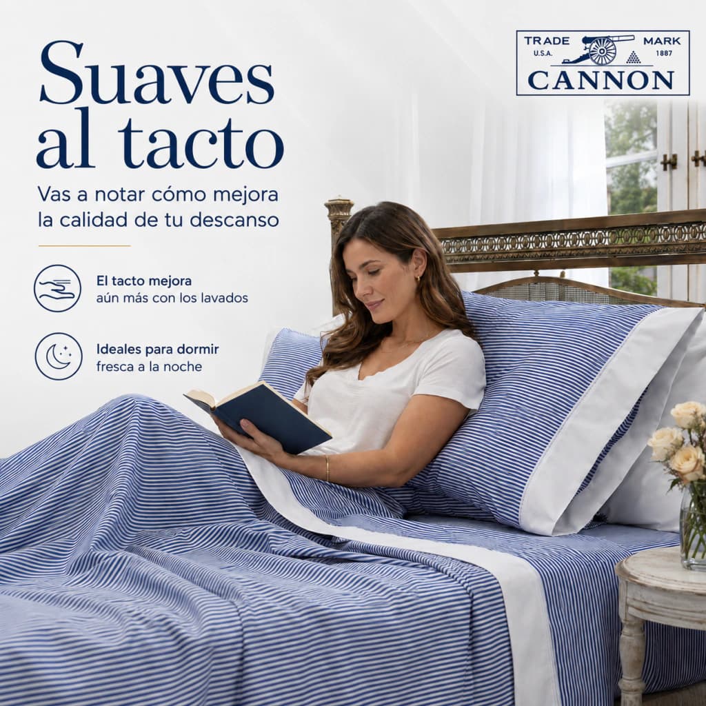 Juego de Sábanas Twin 200 Hilos | 100% Algodón Premium | Cannon Classic — Azul Rayado
