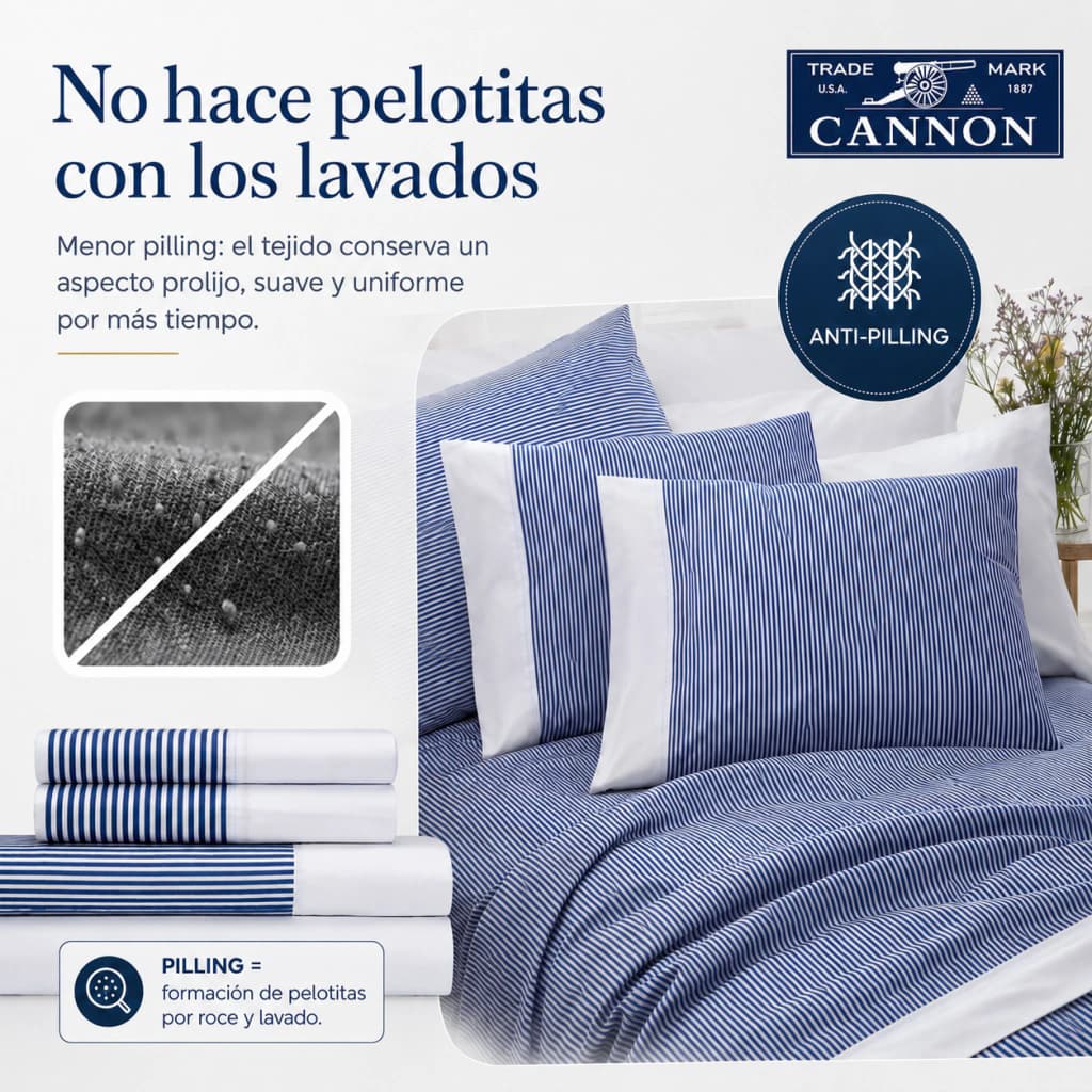 Juego de Sábanas Twin 200 Hilos | 100% Algodón Premium | Cannon Classic — Azul Rayado