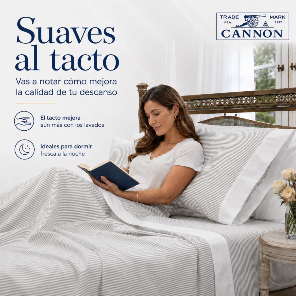Juego de Sábanas Twin 200 Hilos | 100% Algodón Premium | Cannon Classic — Gris Rayado