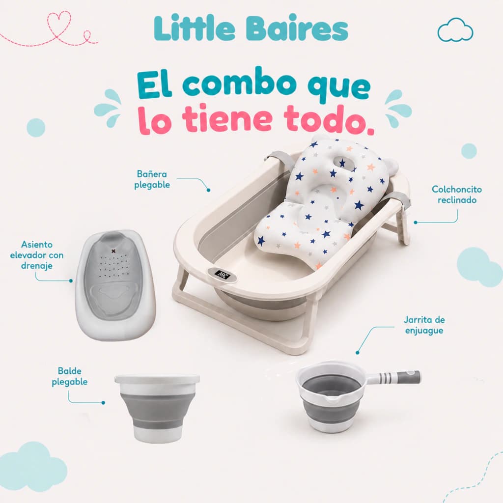 Kit Bañera Plegable XL con Termómetro y Accesorios | 5 en 1 — Gris