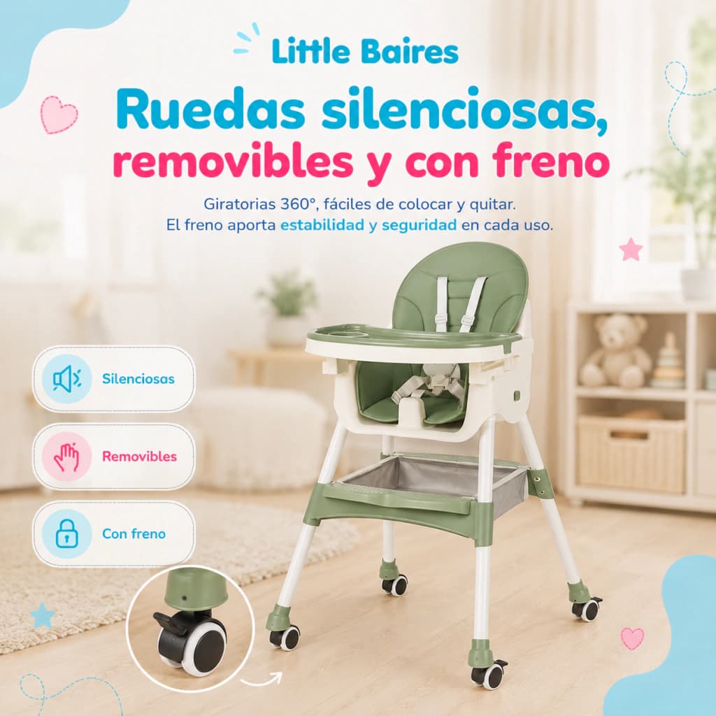 Silla de Comer 2 en 1 Bebé con Ruedas y Bandeja Ajustable — Verde Oliva
