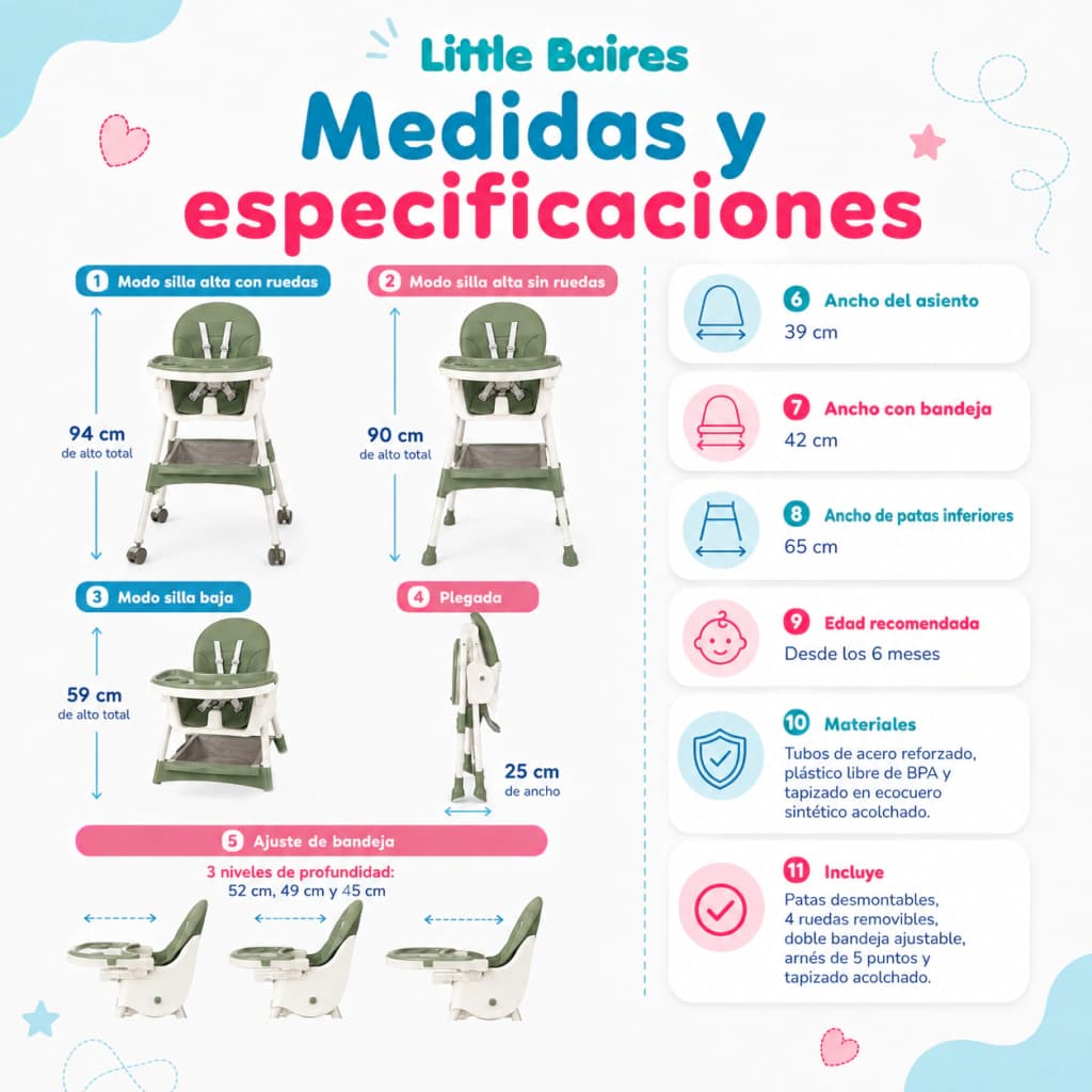 Silla de Comer 2 en 1 Bebé con Ruedas y Bandeja Ajustable — Verde Oliva