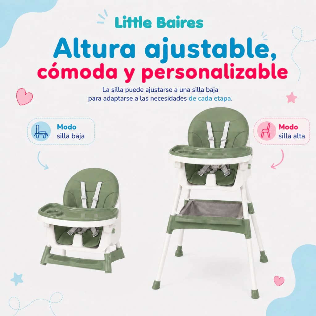 Silla de Comer 2 en 1 Bebé con Ruedas y Bandeja Ajustable — Verde Oliva