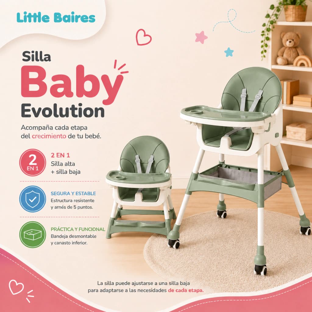 Silla de Comer 2 en 1 Bebé con Ruedas y Bandeja Ajustable — Verde Oliva