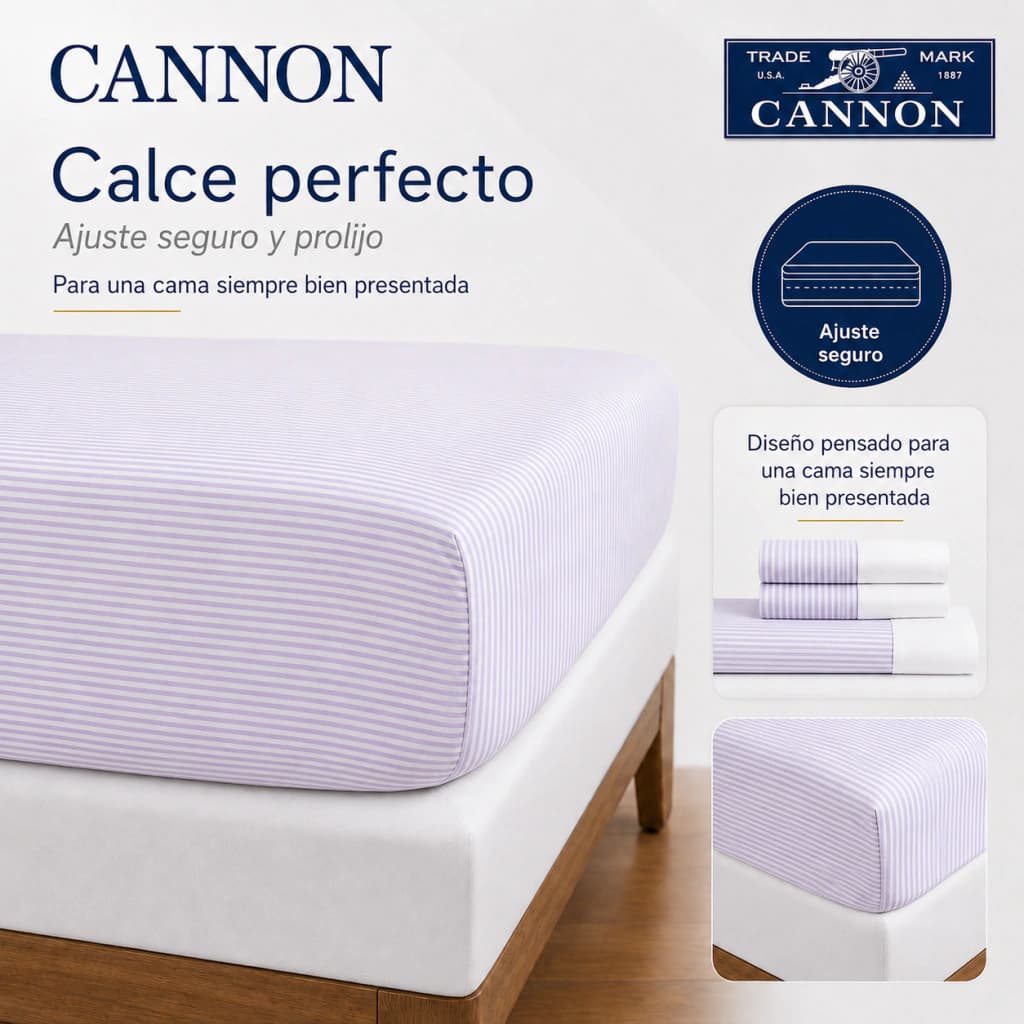 Juego de Sábanas 2 Plazas 200 Hilos | 100% Algodón Premium | Cannon Classic — Blanco Rayado