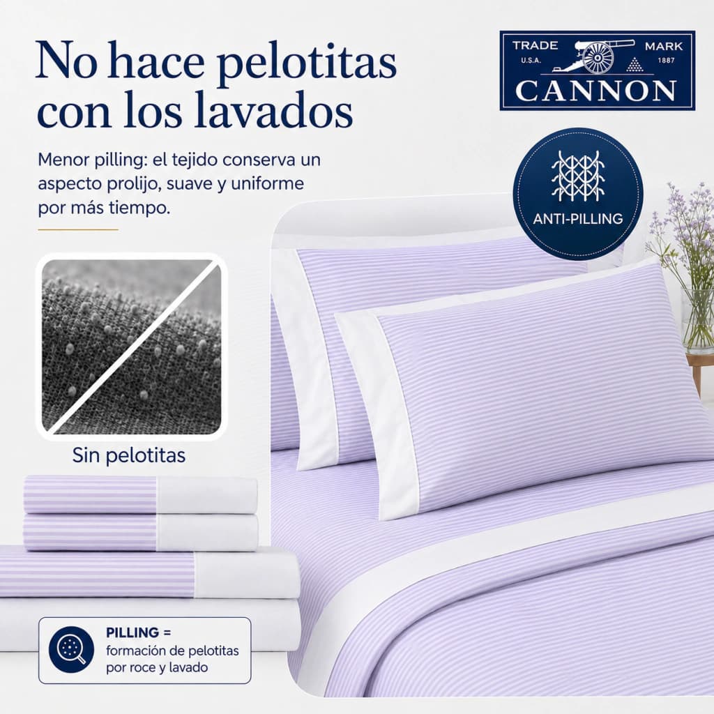 Juego de Sábanas 2 Plazas 200 Hilos | 100% Algodón Premium | Cannon Classic — Lila Rayado