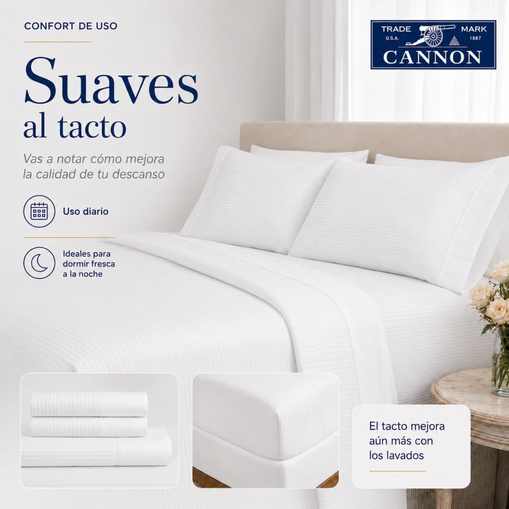 Juego de Sábanas Queen Size 200 Hilos | 100% Algodón Premium | Cannon Classic — Blanco Rayado