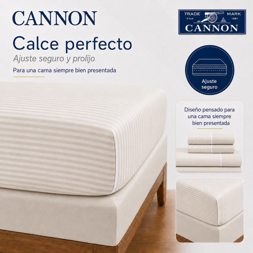 Juego de Sábanas Queen Size 200 Hilos | 100% Algodón Premium | Cannon Classic — Marron Claro Rayado